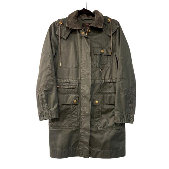 J Crew XS Waxed Cotton Long Military Field Coat Hooded Barn Jacket Army Green - Picture 5 of 13
